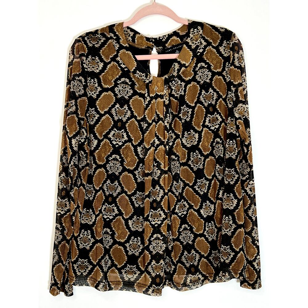 Jane + Delancey Snakeskin Python Brown Black Long Sleeve Sheer Blouse Size XL